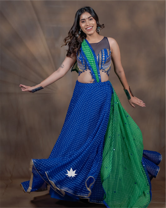 Neyara Blue & Green Halter Neck Georgette Chaniya Choli