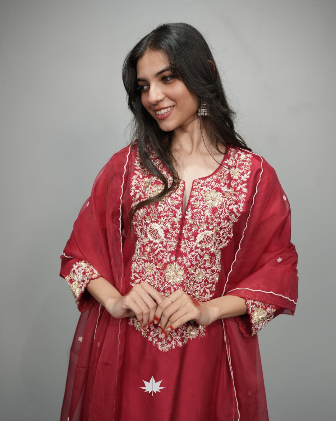 Red Handwork Kurta And Sharara Set