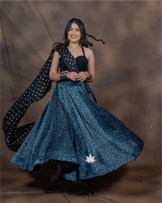Aarvi Ajrakh Silk Chaniya Choli with Black Modern Blouse