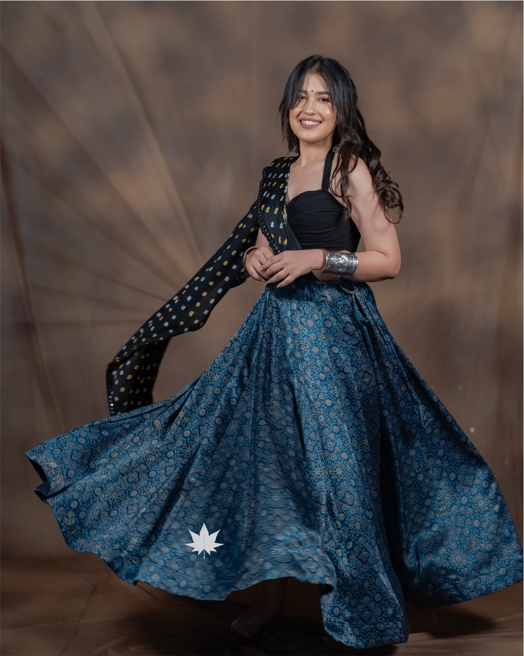 Aarvi Ajrakh Silk Chaniya Choli with Black Modern Blouse
