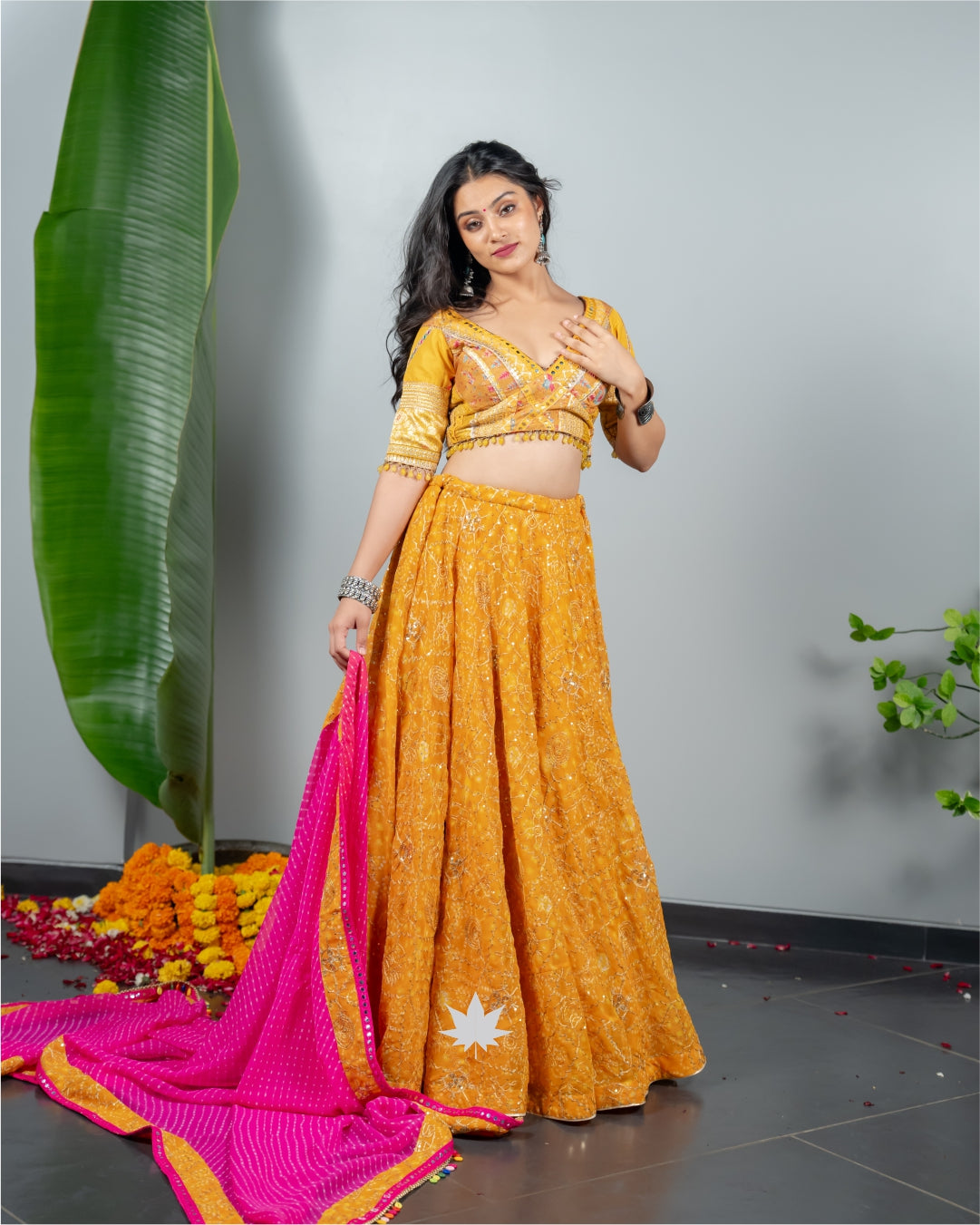 Mustard Yellow Chaniya Choli with Mirror Work Blouse & Pink Dupatta