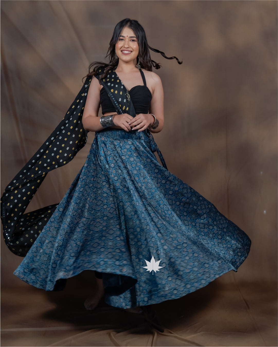 Aarvi Ajrakh Silk Chaniya Choli with Black Modern Blouse