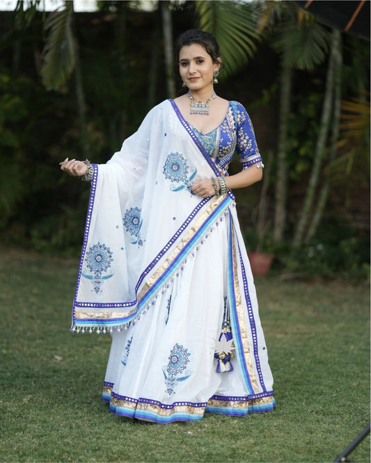 White And Blue Embroidered Chaniya Choli With Royal Blue Blouse