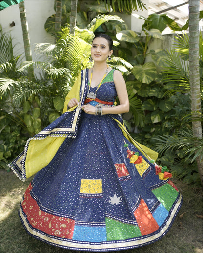 Blue Cotton Chaniya Choli Set With Yellow Dupatta