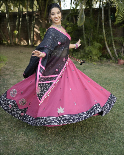 Black And Pink Chaniya Choli Set With  Mirror Work