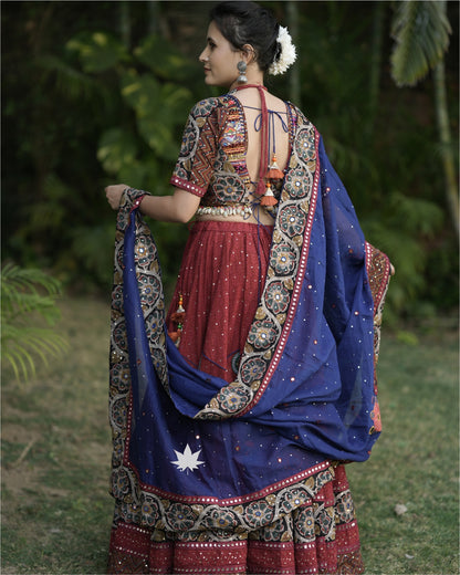 Blue And Maroon Chaniya Choli Set With Gamthi Work