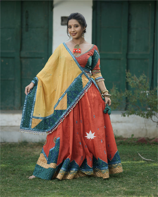 Orange Cotton Chaniya Choli Set With Yellow Dupatta