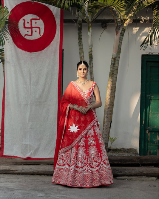 Regal Red Bridal Bandhani Lehenga with Intricate Embroidery