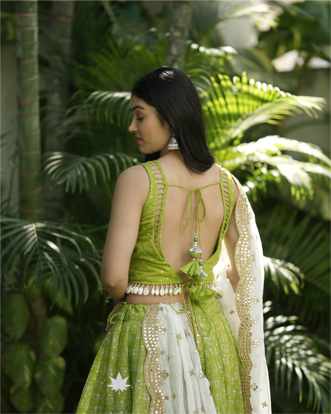 Lime Green Chaniya Choli Set With White Mirrorwork Dupatta