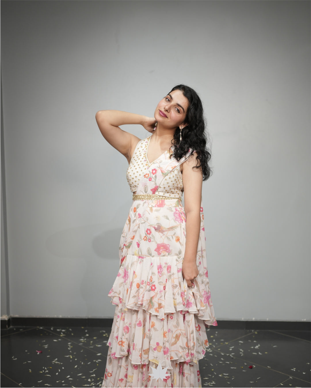 Printed Ruffle Pre Draped Saree With Embroidered Blouse And Waist Belt