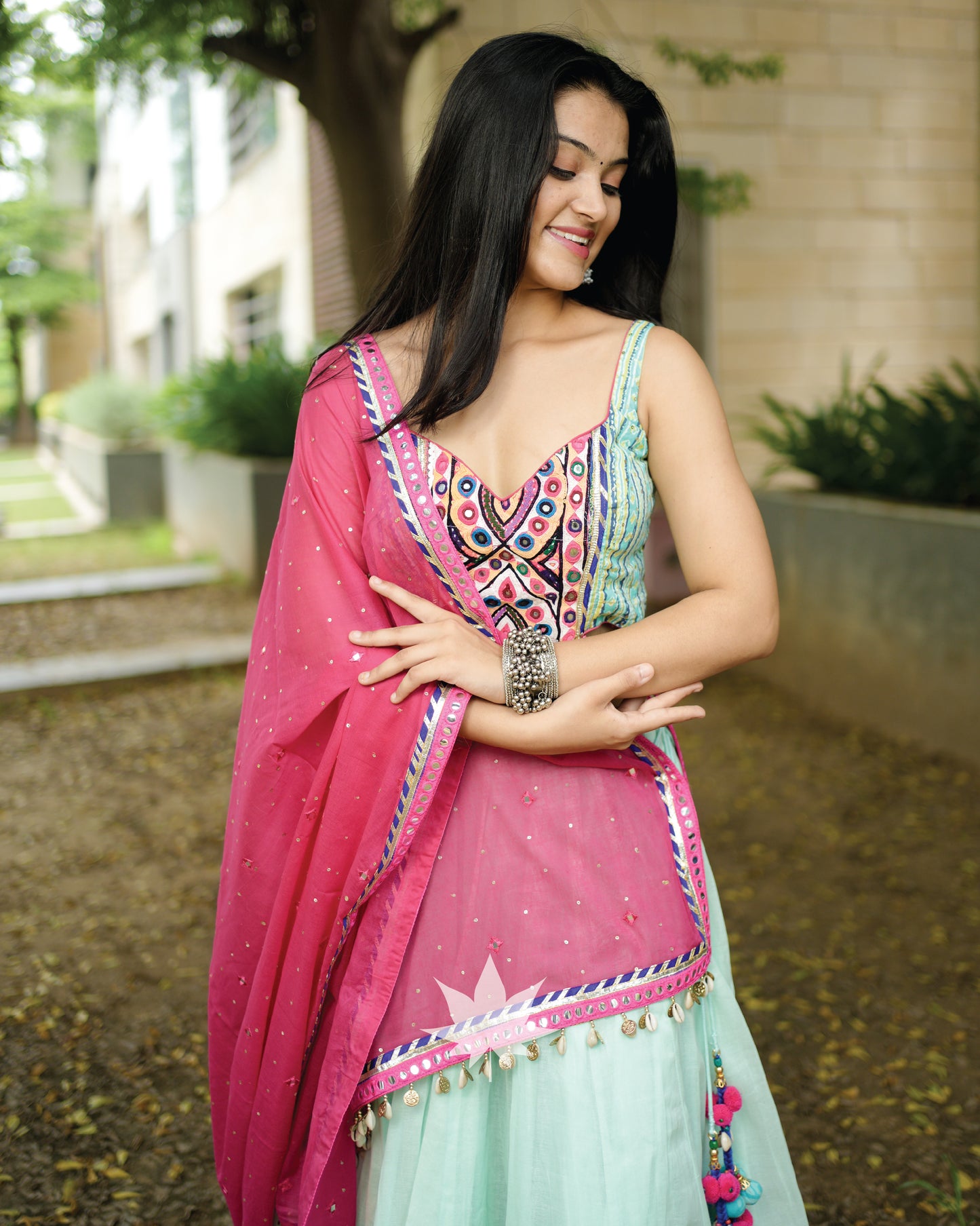 Pastel Green And Pink Gamthi Chaniya Choli Set