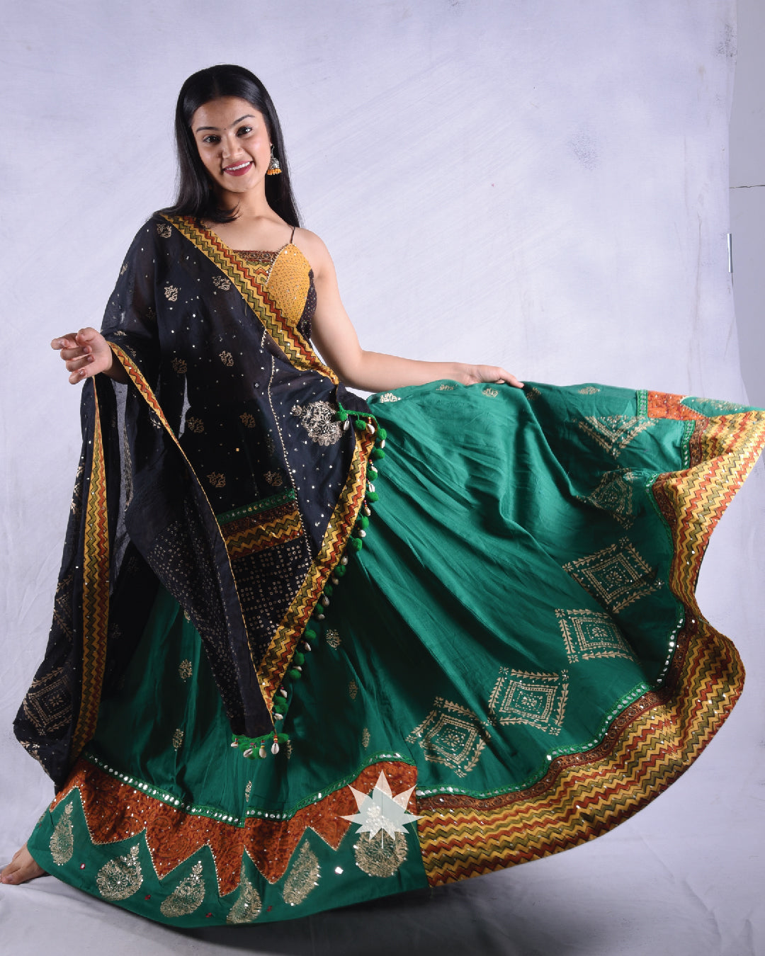 Bottle Green Block Printed Chaniya Choli Set