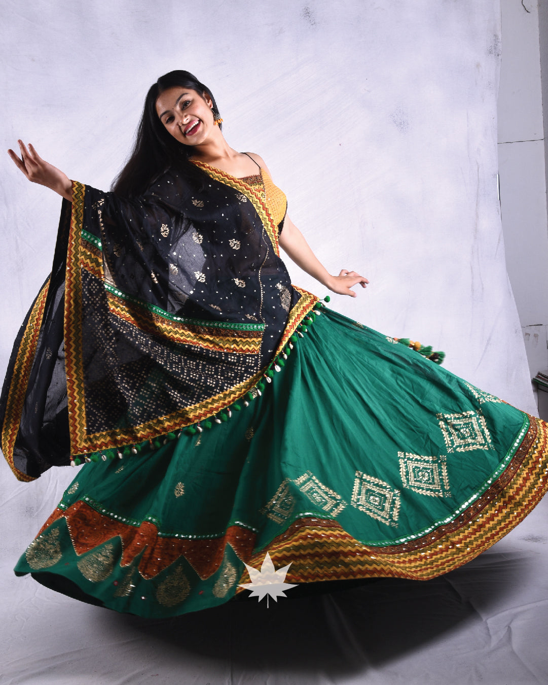 Bottle Green Block Printed Chaniya Choli Set