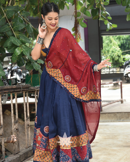 Blue Assyemetrical Chaniya With Matching Patchwork Blouse And Maroon Patchwork Dupatta Set