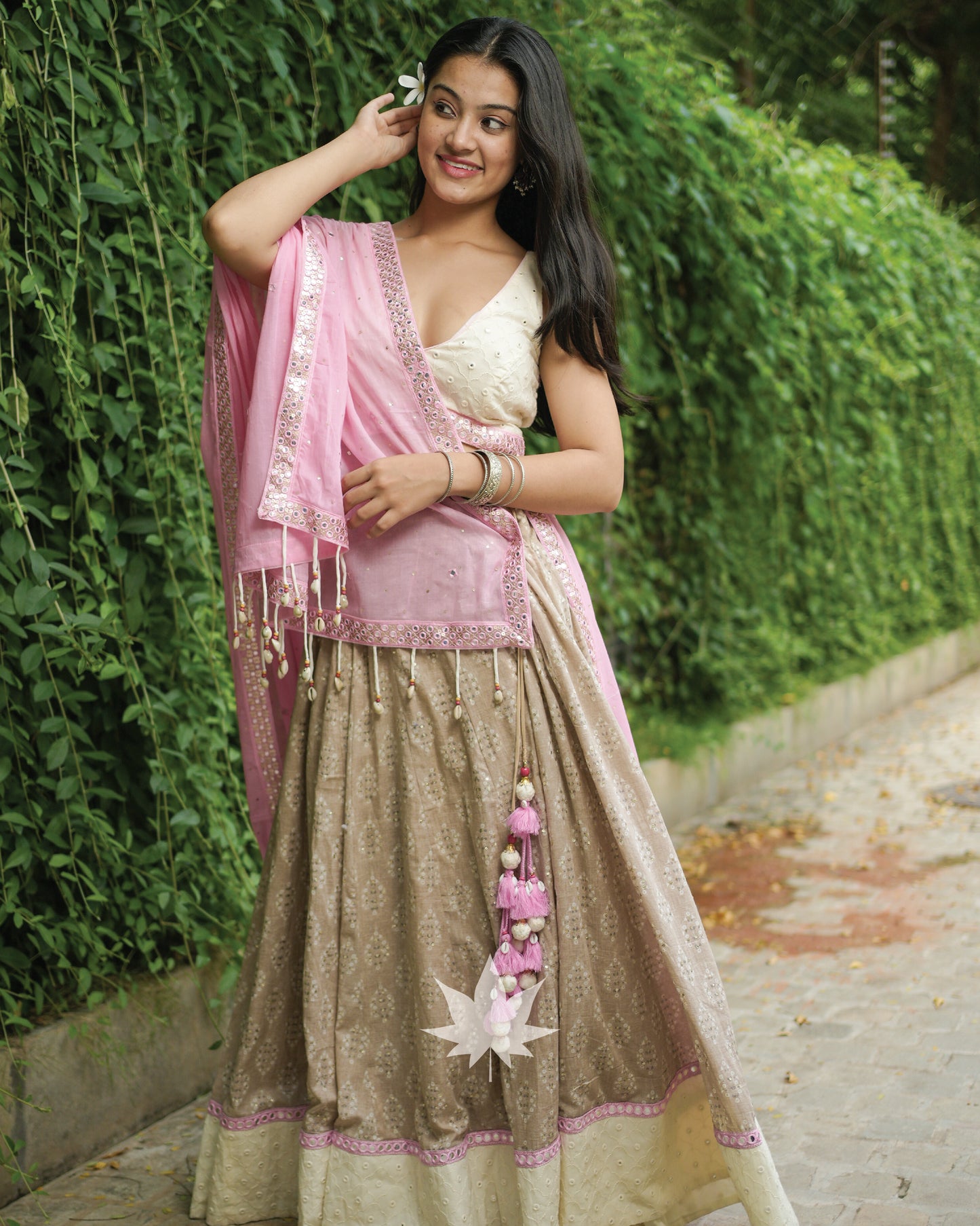 Off White And Grey Chaniya Choli With Pink Dupatta Set