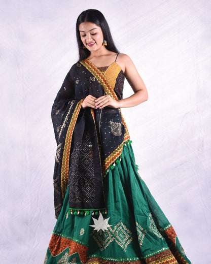 Bottle Green Block Printed Chaniya Choli Set