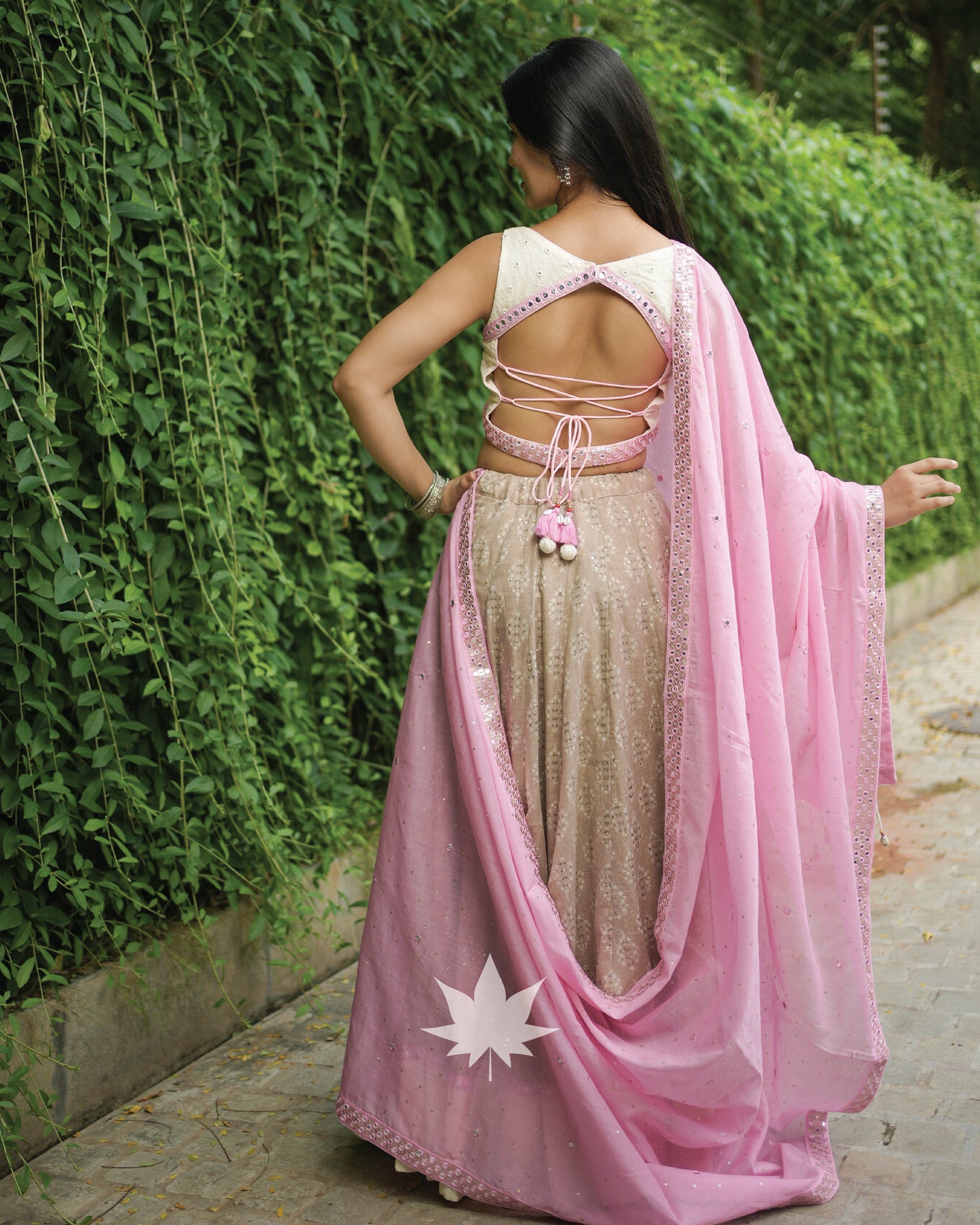 Off White And Grey Chaniya Choli With Pink Dupatta Set