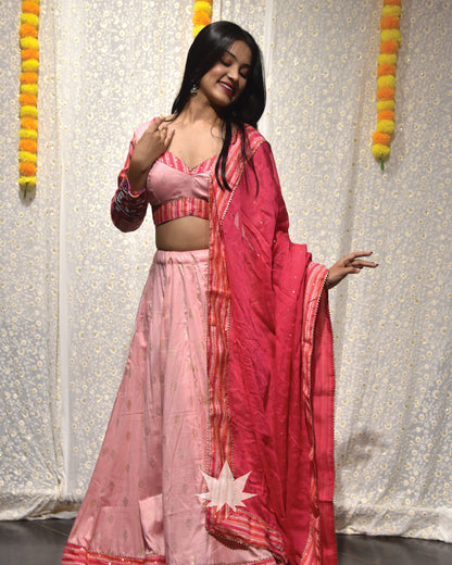 Pink Chaniya With Full Sleeve Blouse And Pink Dupatta Set