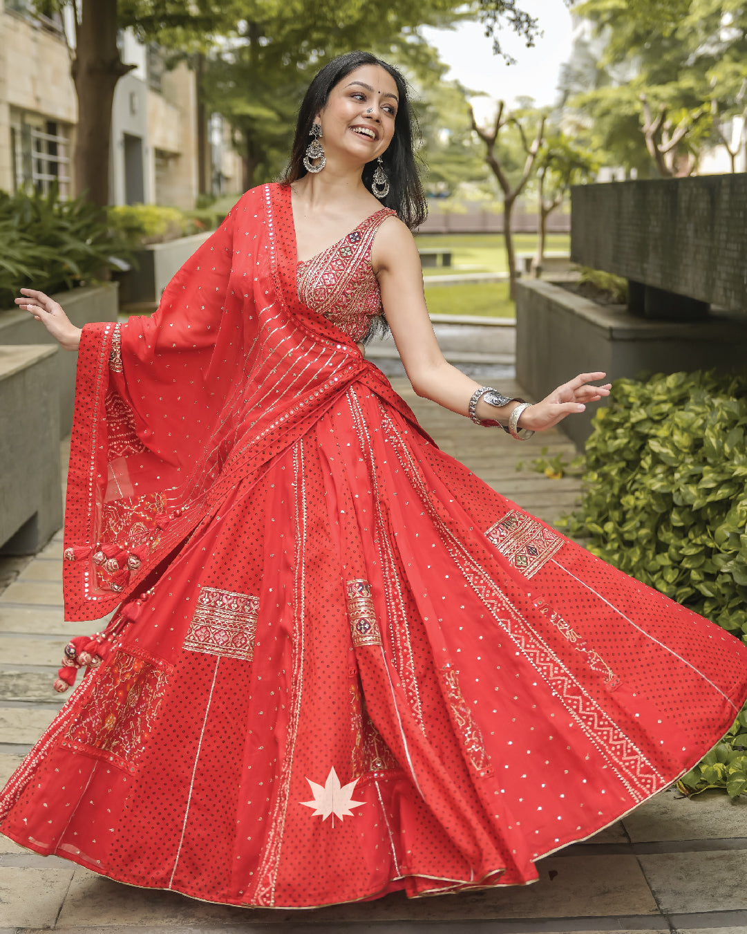 Red patchwork chaniya with Gamthi blouse set