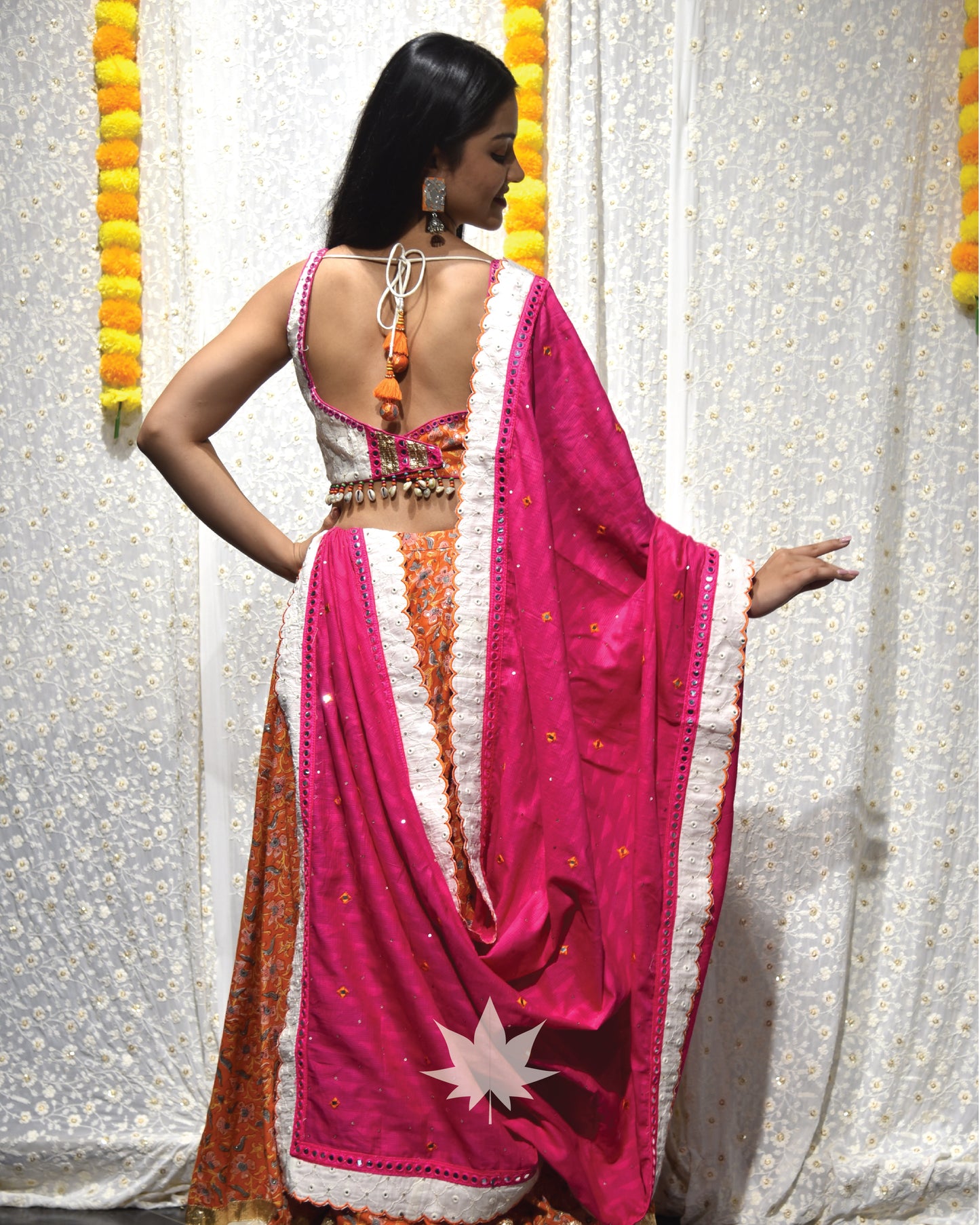 Floral Orange Chaniya With Patchwork Blouse And Pink Dupatta Set