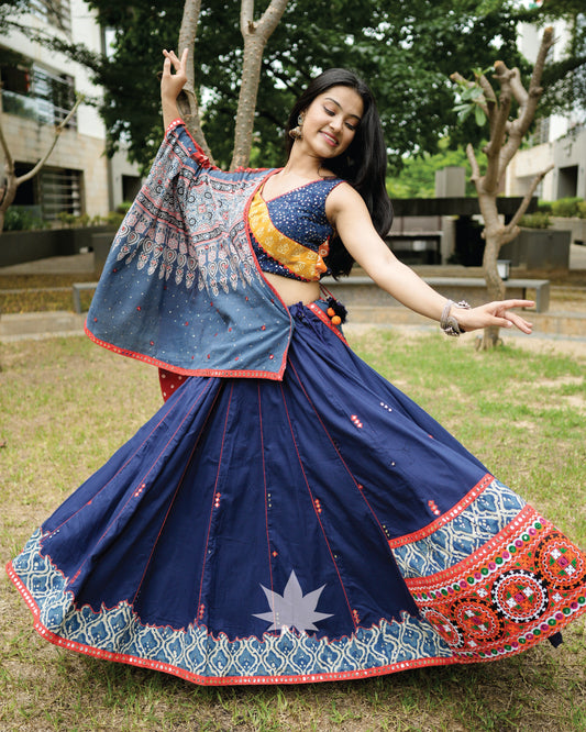 Blue Gamthi Assymetrical Chaniya With Patchwork Blouse And Dupatta Set