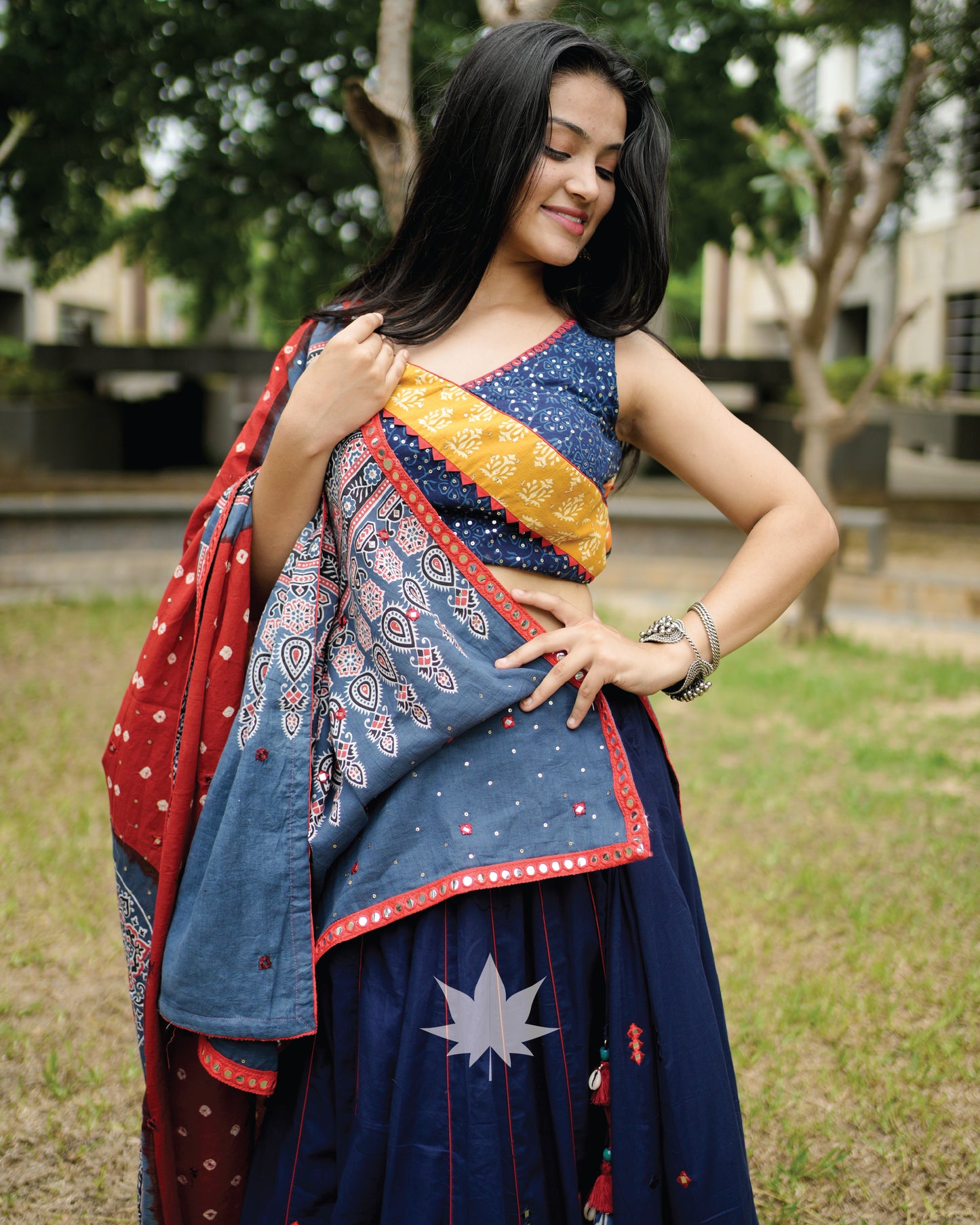 Blue Gamthi Assymetrical Chaniya With Patchwork Blouse And Dupatta Set