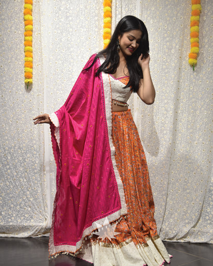 Floral Orange Chaniya With Patchwork Blouse And Pink Dupatta Set