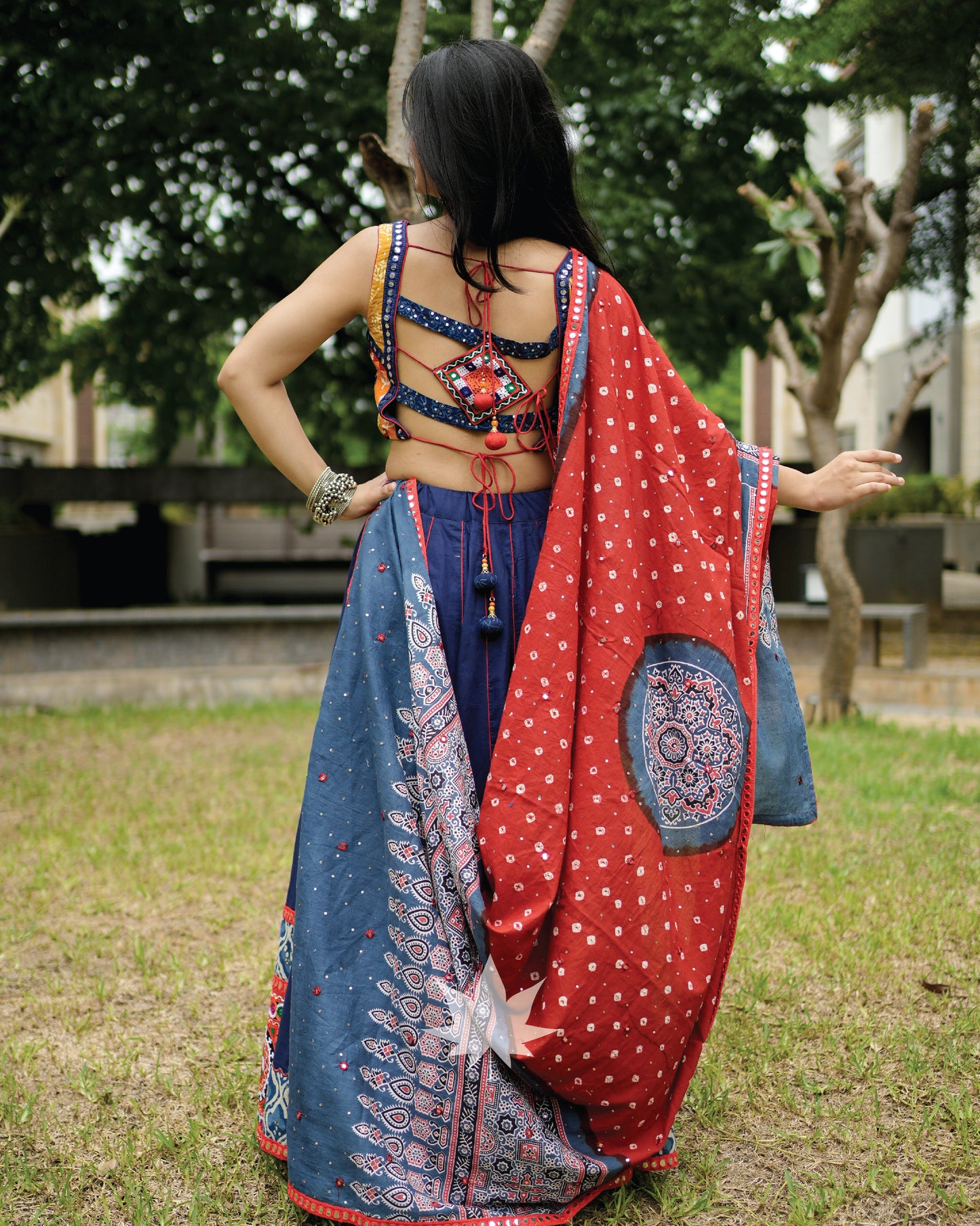 Blue Gamthi Assymetrical Chaniya With Patchwork Blouse And Dupatta Set