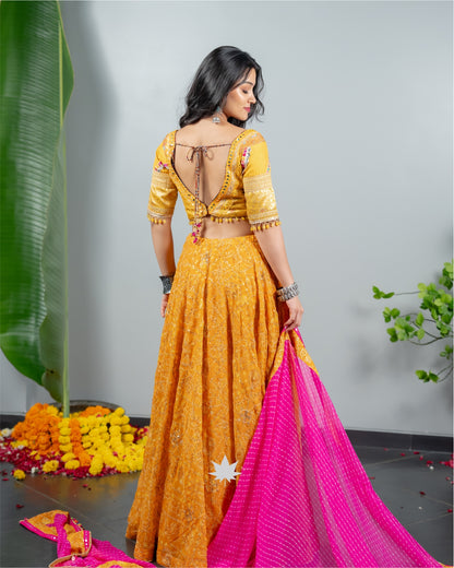 Mustard Yellow Chaniya Choli with Mirror Work Blouse & Pink Dupatta