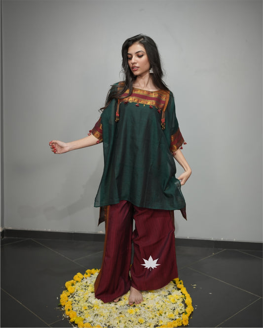 Green And Maroon Kaftan Set