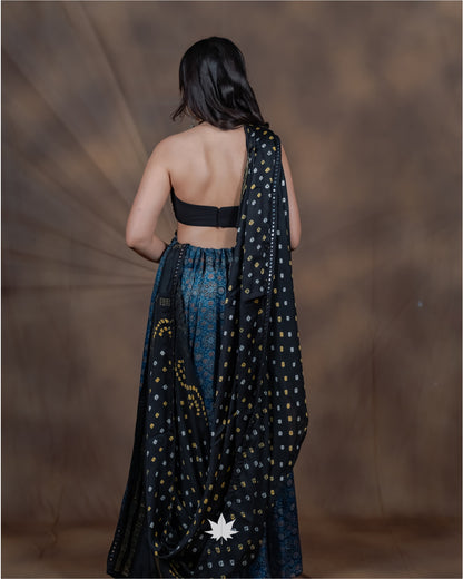 Aarvi Ajrakh Silk Chaniya Choli with Black Modern Blouse
