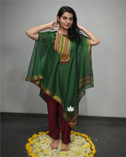 Green And Maroon Kaftan Set