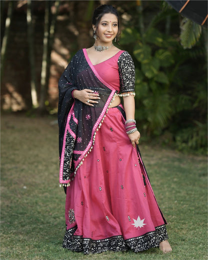 Black And Pink Chaniya Choli Set With  Mirror Work