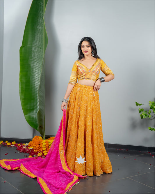 Mustard Yellow Chaniya Choli with Mirror Work Blouse & Pink Dupatta