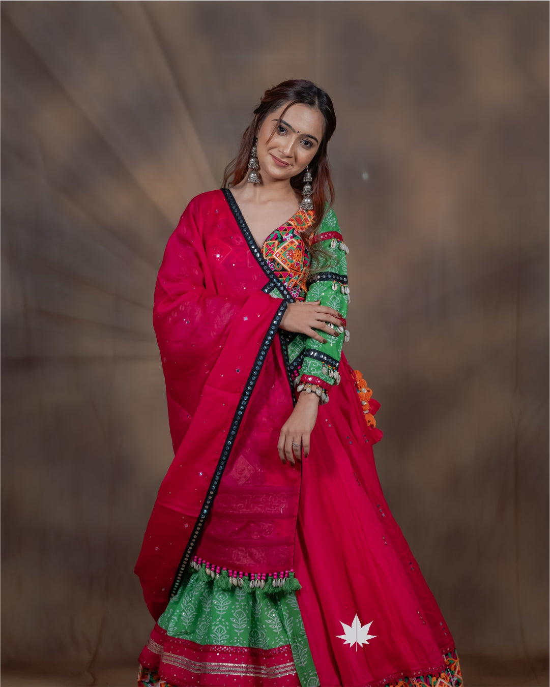 Vrindaa Green & Pink Gamthi Cotton Double Layer Chaniya Choli
