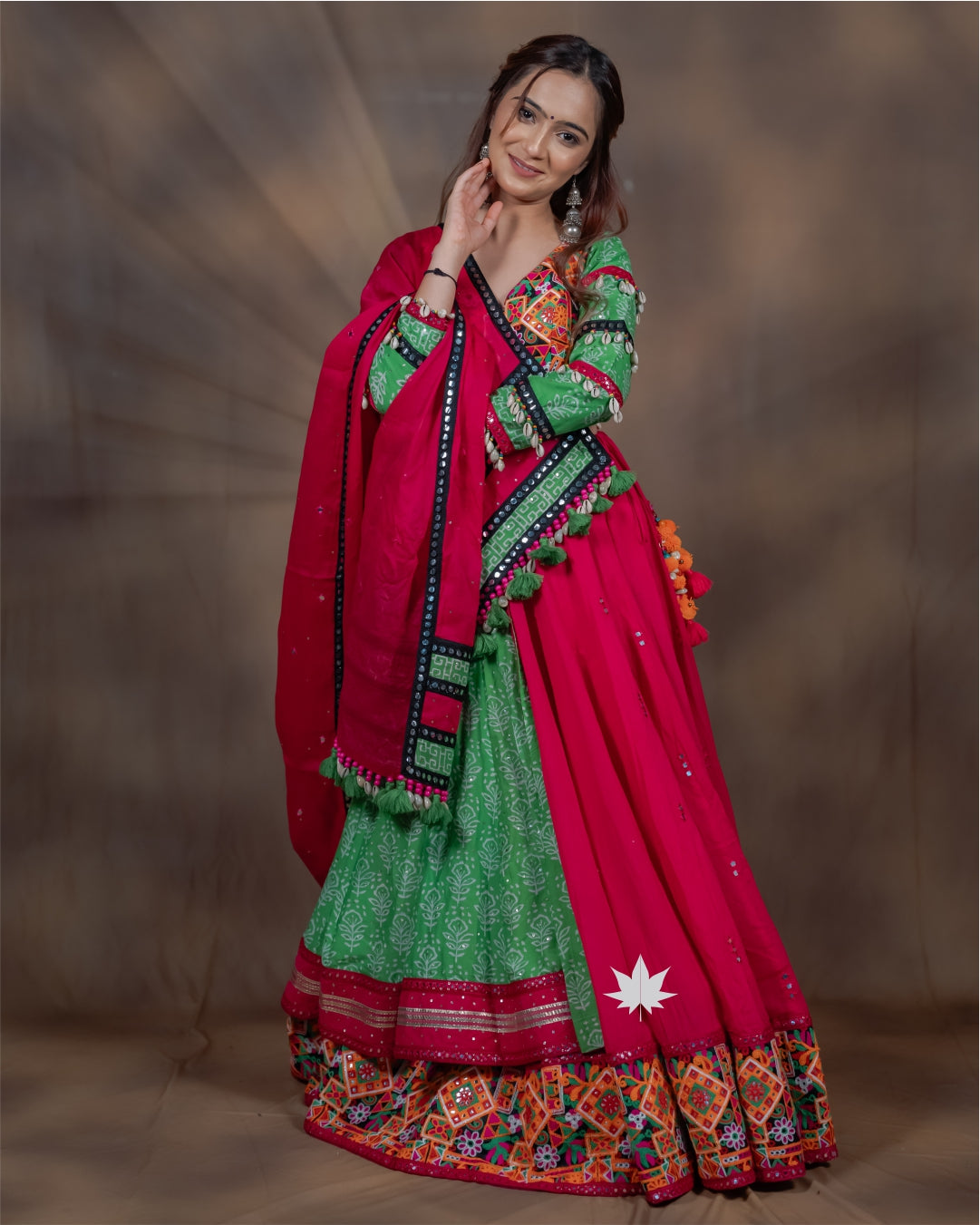 Vrindaa Green & Pink Gamthi Cotton Double Layer Chaniya Choli