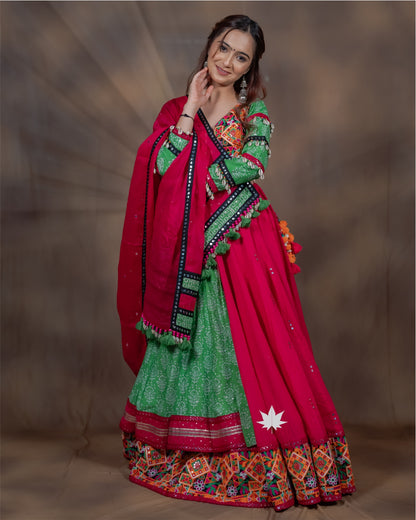 Vrindaa Green & Pink Gamthi Cotton Double Layer Chaniya Choli