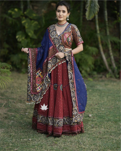 Blue And Maroon Chaniya Choli Set With Gamthi Work