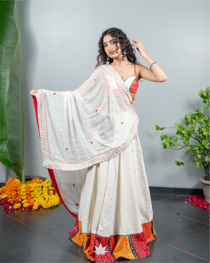 White Chaniya Choli with Patchwork Border & Mirror Work Dupatta