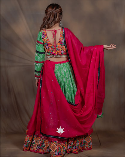 Vrindaa Green & Pink Gamthi Cotton Double Layer Chaniya Choli