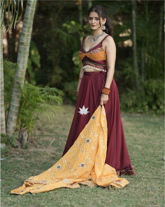 Maroon Cotton Chaniya Choli With Yellow Bandhani Dupatta