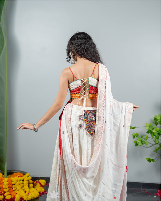 White Chaniya Choli with Patchwork Border & Mirror Work Dupatta