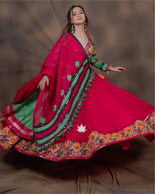 Vrindaa Green & Pink Gamthi Cotton Double Layer Chaniya Choli