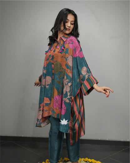 Floral Printed Blue Boho Kaftan Set