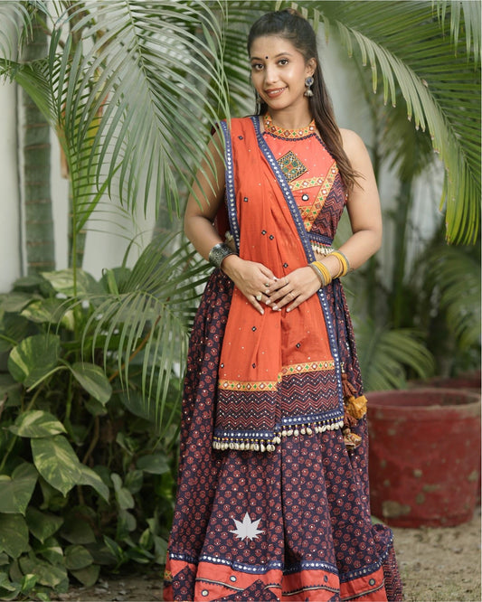 Navy Blue & Orange Cotton Chaniya Choli