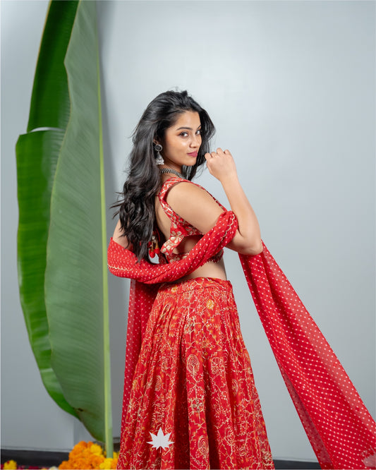Red Bandhej Chaniya Choli with Black Dupatta