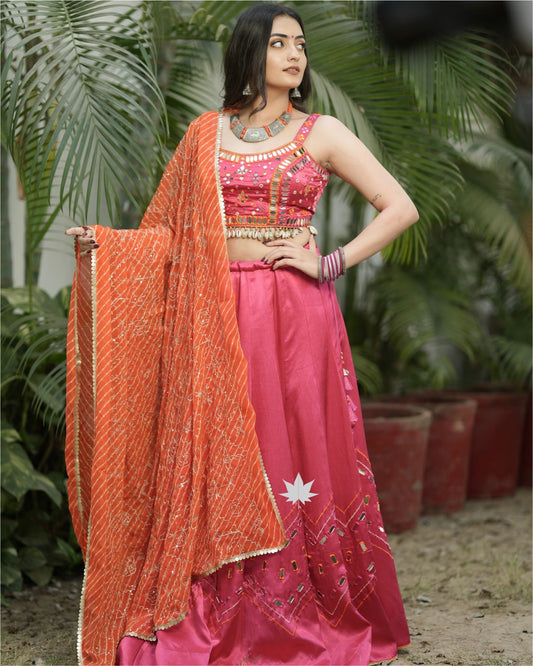 Pink Mirror Work Chaniya Choli Set With Leheriya Dupatta