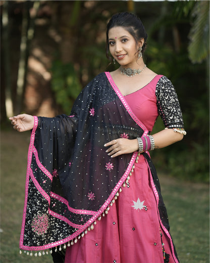 Black And Pink Chaniya Choli Set With  Mirror Work