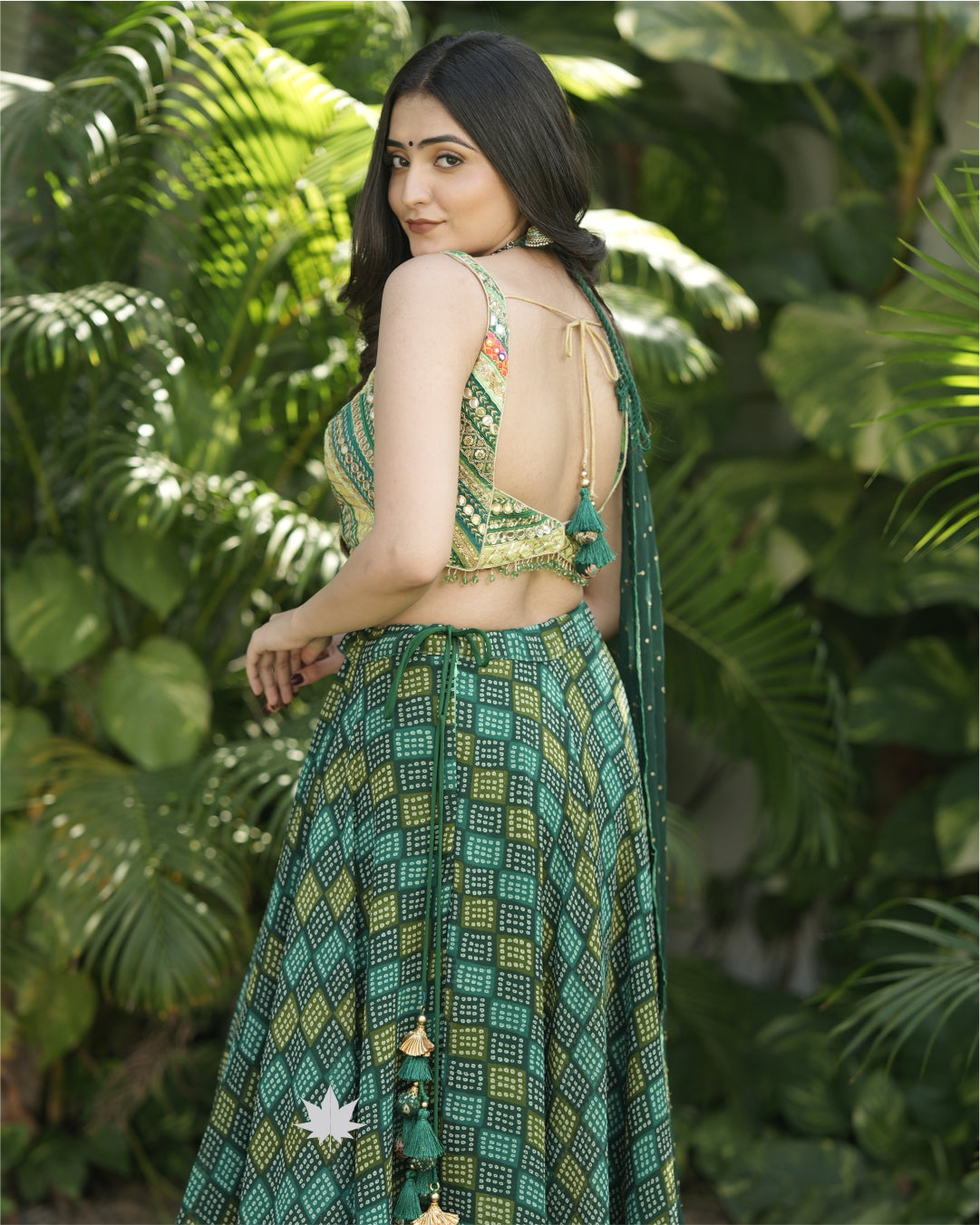 Green Bandhani Chaniya Choli Set With Patchwork Blouse