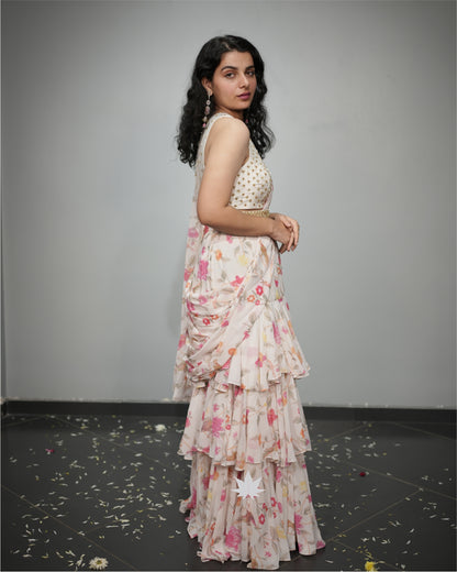 Printed Ruffle Pre Draped Saree With Embroidered Blouse And Waist Belt